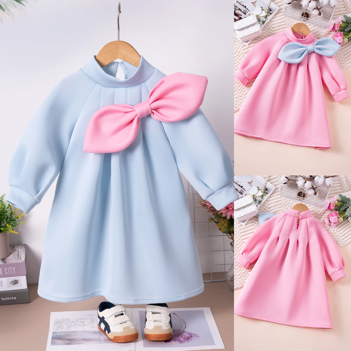 Baby Sweet Dress Autumn Fashion Solid Color Toddler Kid\'s Clothing Bow Long-sleeved Knee-length Dress Elegant Skin-friendly