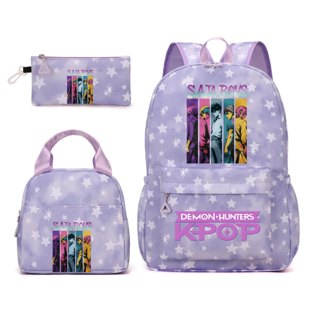 KPop Demon Hunters figura de Anime mochila impermeable de gran capacidad 3 uds mochila bolsa de almuerzo bolsa de lápices regalo para niños