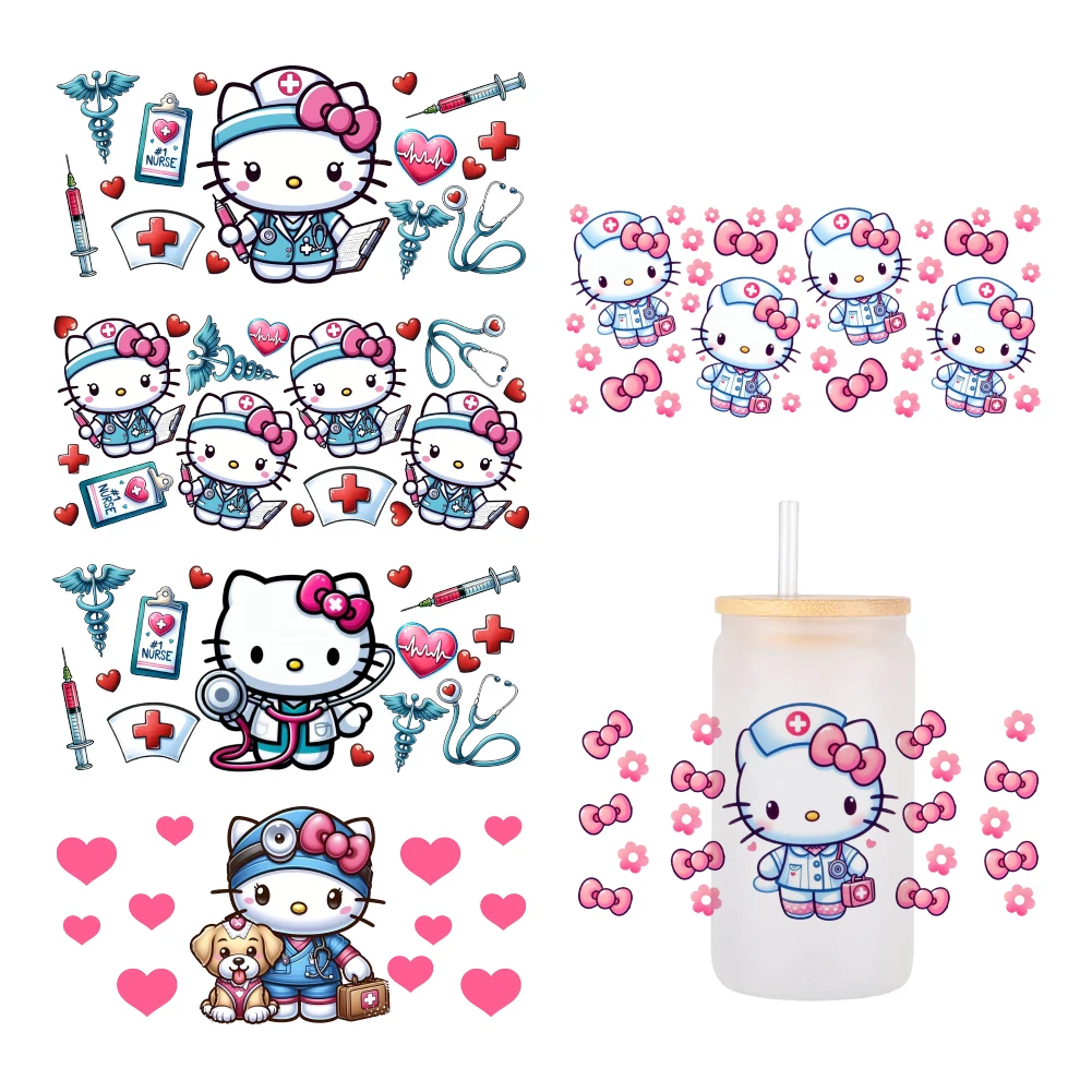 Hello Kitty Doctors nurses Medical treatment   For Libbey 16oz Can Glass 3D Waterproof UV DTF Coffee Can Wrap Libbey Glass Wrap