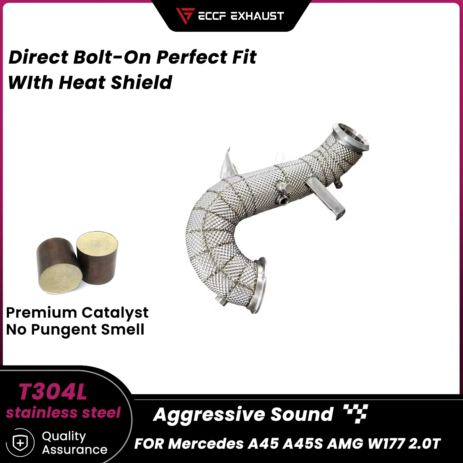 

Sporty Downpipe With Heat Shield For Mercedes A45 A45S AMG W177 2.0T Aggressive Sound High Flow Performance Upgrade