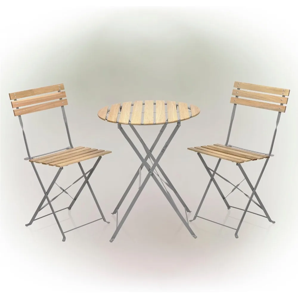 3-Piece Wood Slat and Metal Bistro Set Garden Furniture, Silver/Neutral