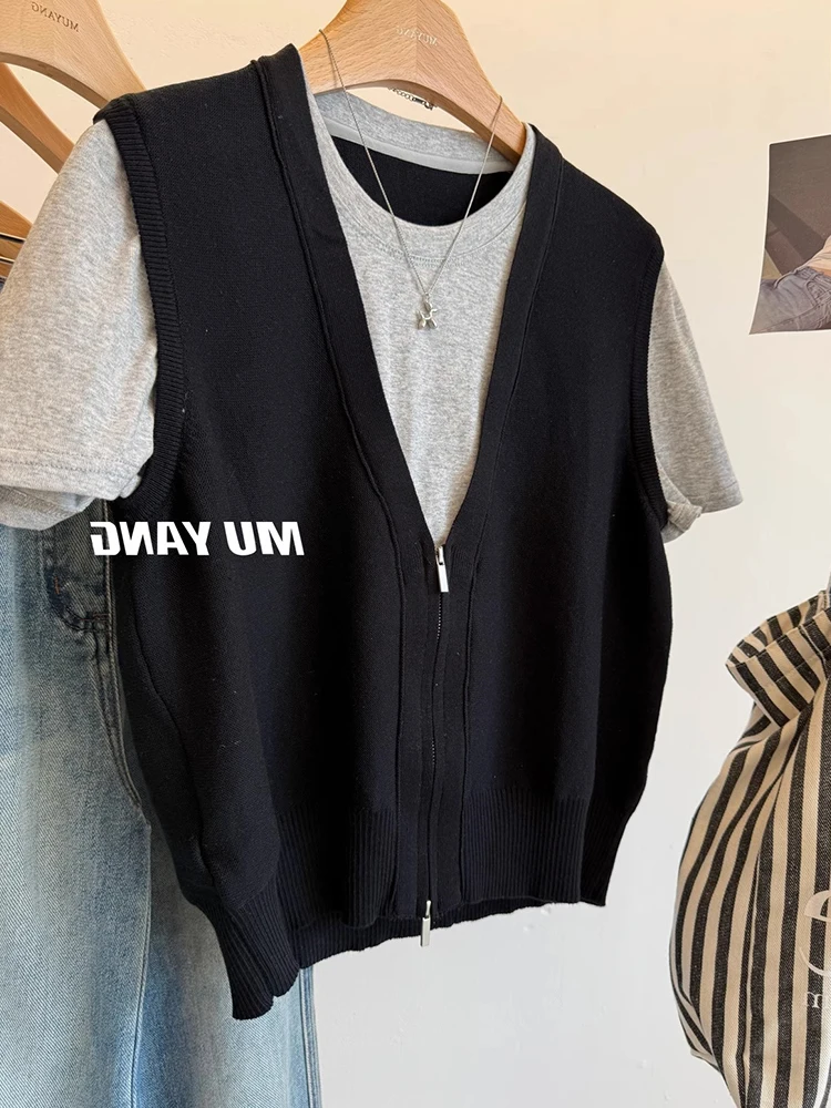 Confortável malha ort sve camiseta falso de duas peças design simples coreano sle feminino faionable verão topo poético lin