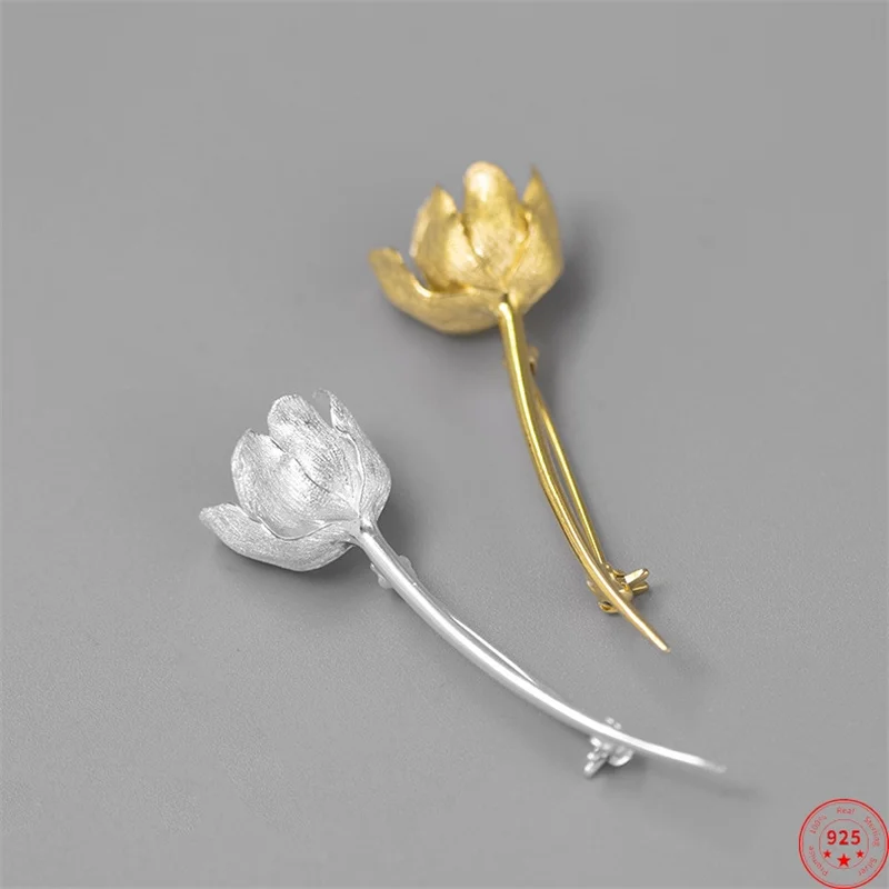 S925 Sterling Silver Brooches for Women Men New Fashion Blooming Tulip Flower Gold Plated Pin Corsage Punk Jewelry