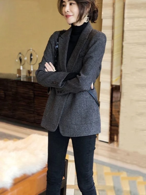 Women Herringbone Wool Blazer Lapel Loose New Pocket Suit Jacket  Elegant Casual Autumn Winter Commute Tweed Outerwear Coat