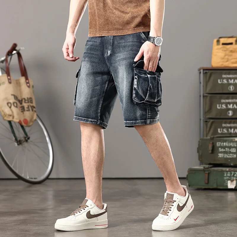 Available in Three Colors 2024 Summer Stretch Denim Shorts Men's Multi-Pocket Japanese Retro Overalls Loose plus Size Shorts