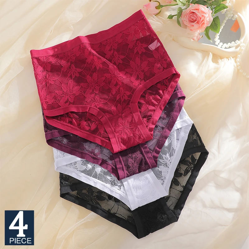 FINETOO 4er-Pack Damen-Spitzenhöschen, mittelhoher Bund, atmungsaktive Blumenunterwäsche, weicher Baumwoll-Slip, verschiedene Farben