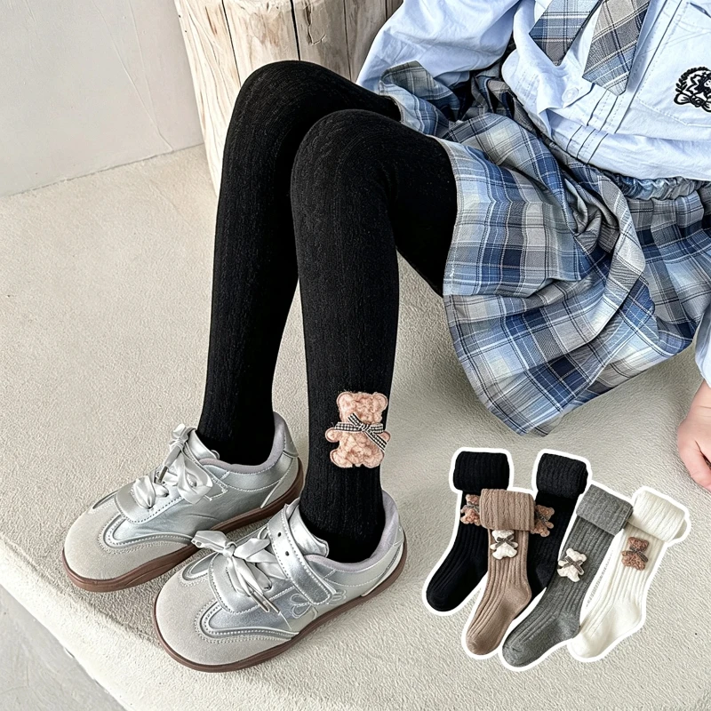 Fluffy Bear And Bow Decor Pantyhose Cute Little Girls Wear Resistant Anti Pilling Texture Comfort Stretch Fabric Daily Leggings view 4