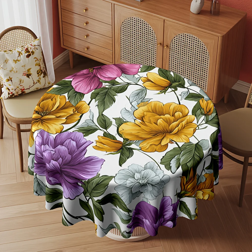 Floral Blossom Tablecloth Elegant Floral Table Cover with Yellow Purple Pink Green White Background Large 60-Inch Round Dining