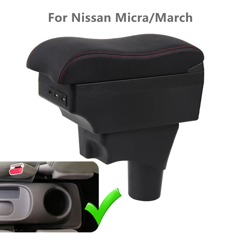 For Nissan March Micra K13 MK4 IV 2010-2023 for Nissan Sunny Car Armrest Box Central Console Store Content Storage Box USB Led