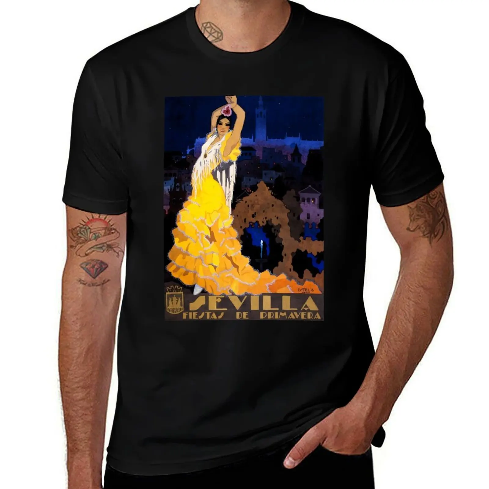 Vintage Seville Spain Travel Poster | Flamenco Dancer T-Shirt Basic Regular Fit Casual T-Shirt