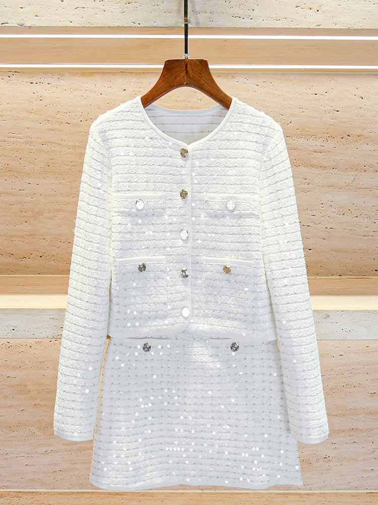 

Maje Migi High-End Women's Spring Glitter Knitted Cardigan Jaet Skirt Set Long Sve round Ne Button Closure Polyester F...