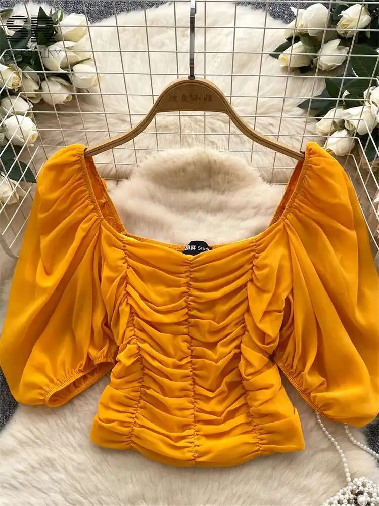 

BabYoung женская милая блузка со рюшами женская однотонная рубашка с пышными рукавами и квадратным воротником летняя уличная одежда во французском стиле со складками тонкие топы