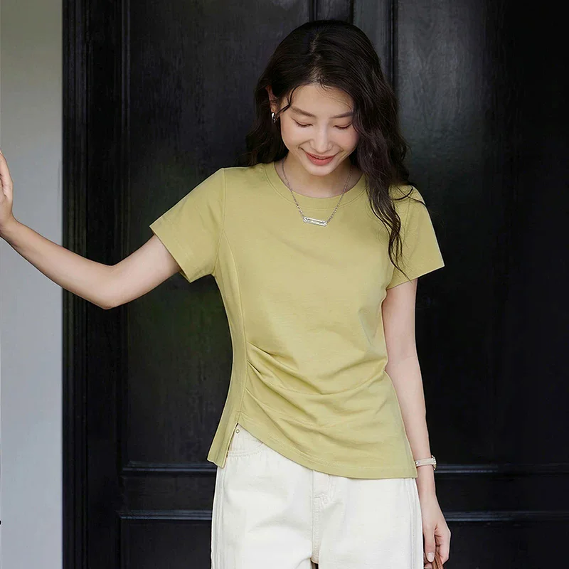 New Women Summer Asymmetric Daily T-shirt Fashion Solid Color O-Neck Short Sleeve Folds Split Slim Waist T-shirt Casual Tees