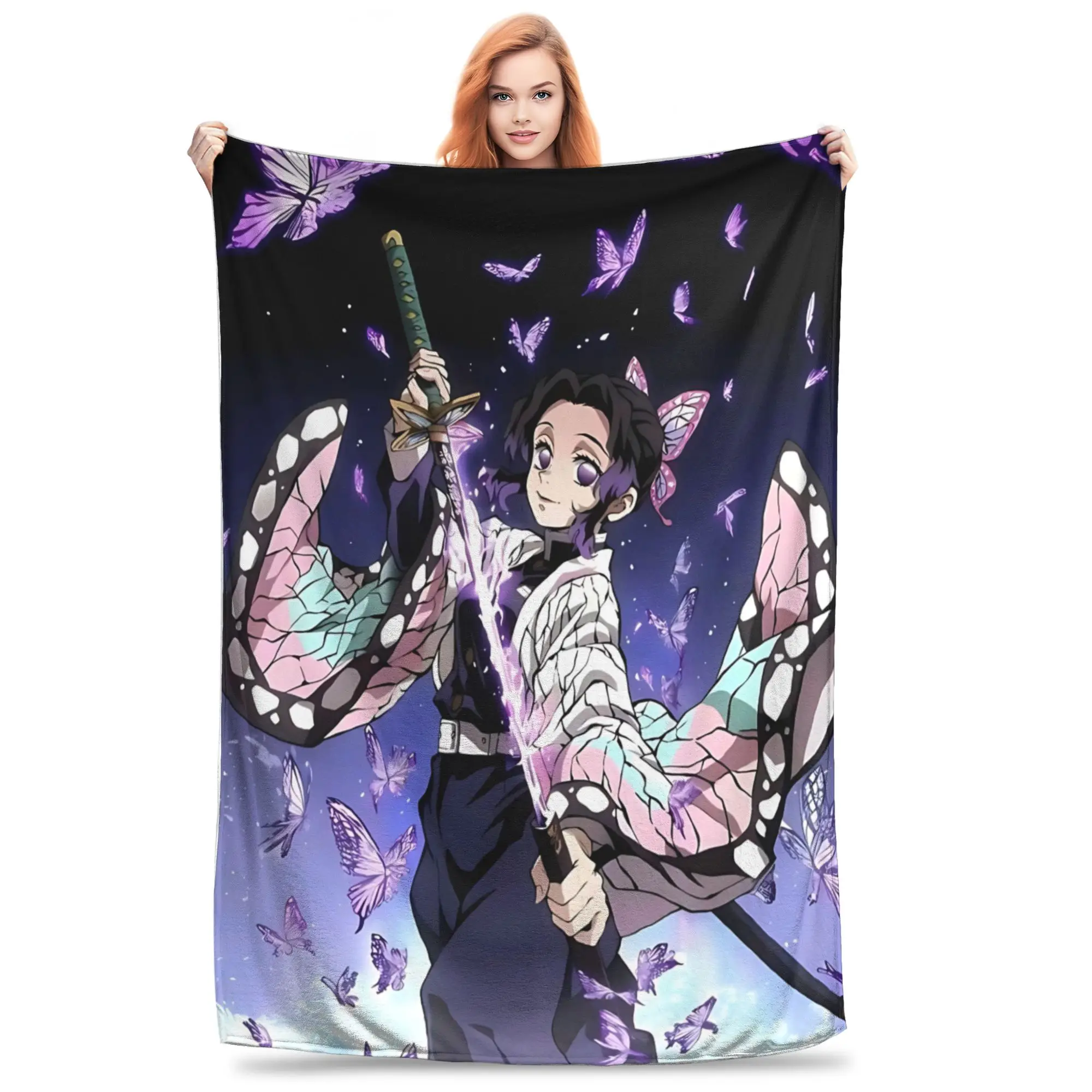 1PC Demon Slayers Anime Shinobu Kocho  Winter Blankets for Adults Bedding Home Interior Sofa Knee