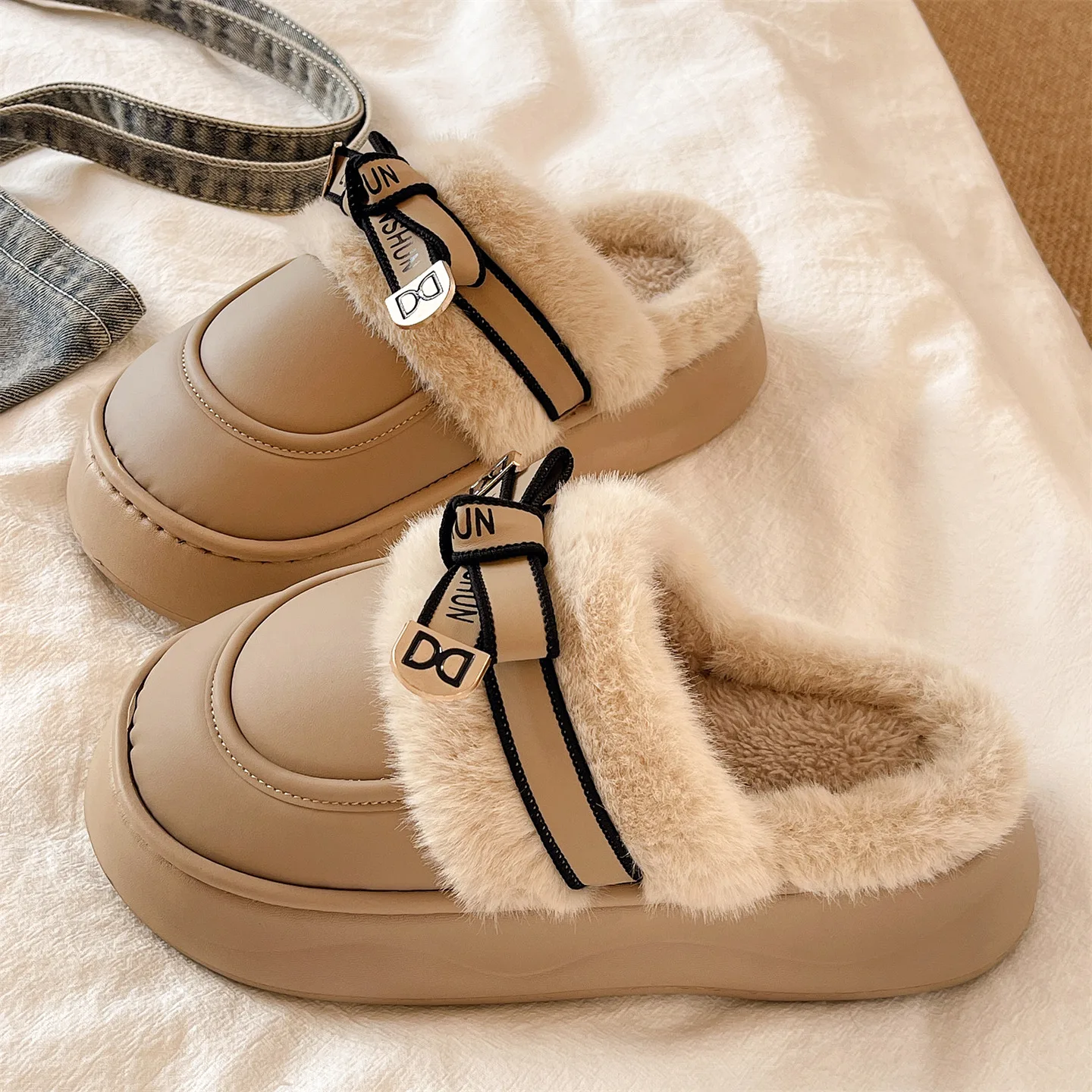 

Faionable Knot Furry Slippers Women's Winter Fce Lined Warm Home Indoor Waterproof Non Slip Thi Bot Toe C...