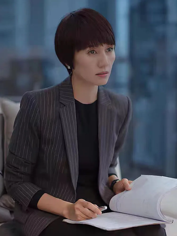 

Модный полосатый костюм-жакет для женщин, повседневный, длинный рукав, на пуговицах, из полиэстера, цвет розовый, Battle Star Yuan Quan Sprin...