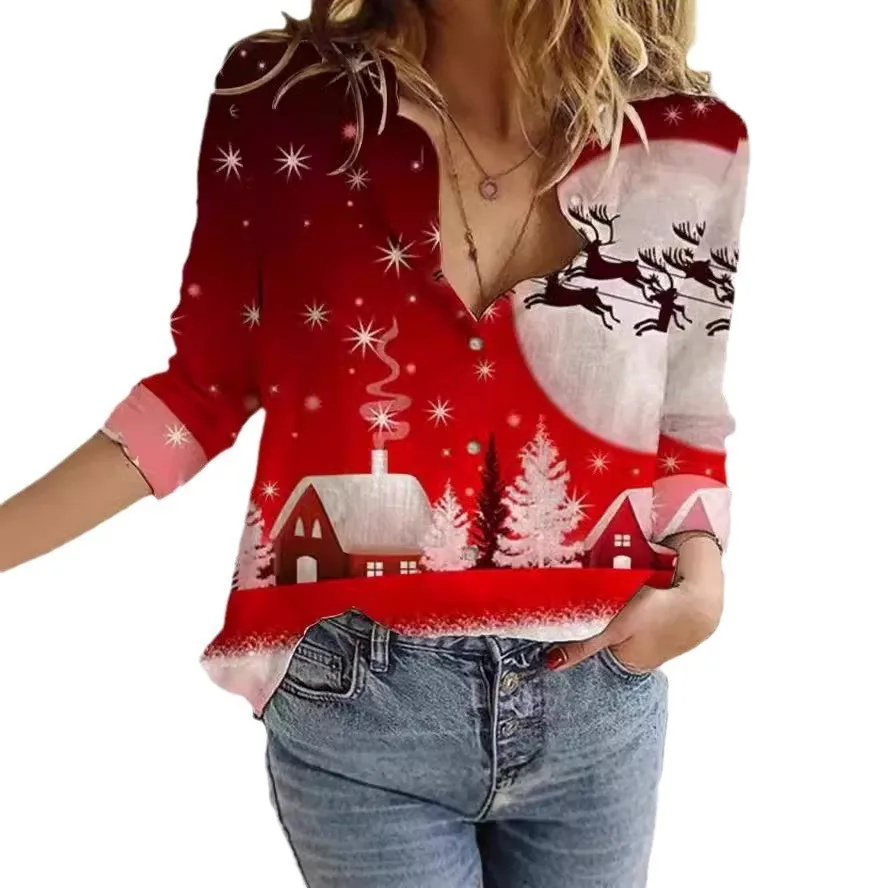 

Spring And Autumn Christmas Printed Fashionable Women's Long Sleeve Shirt Fashionable Simple Collar Personalized Office Blouse