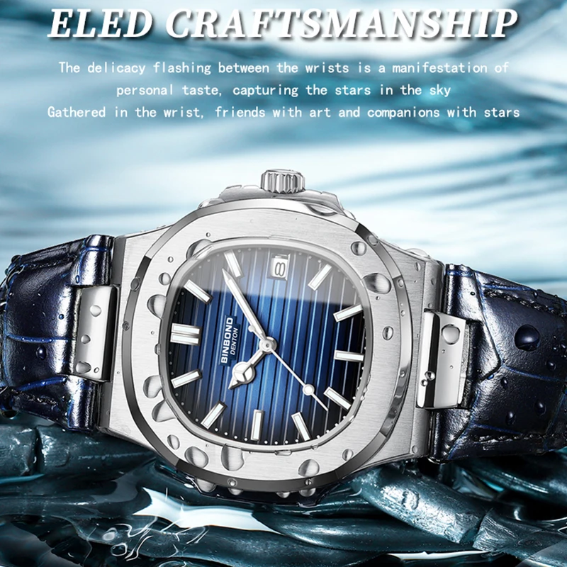 BINBOND новые подлинные молодежные мужские кварцевые часы с модным кожаным ремешком, водостойкий светящийся календарь, роскошные деловые мужские часы