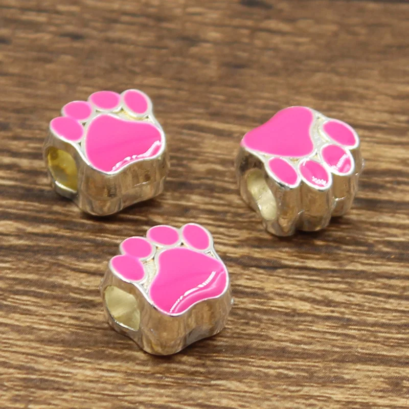 6pcs 11x7x11mm Dog Bear Cat Paw 5mm Big Hole Bead Charm Fits Bright Silver Color Drop Oil Fit European Bracelets Wholesale