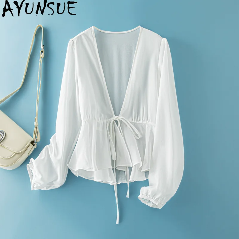 AYUNSUE 100% Silk Tops for Woman Casual Stylish Solid Color Long Sleeve Tops Spring Summer OL Cardigan Woman Clothing Ropa Mujer