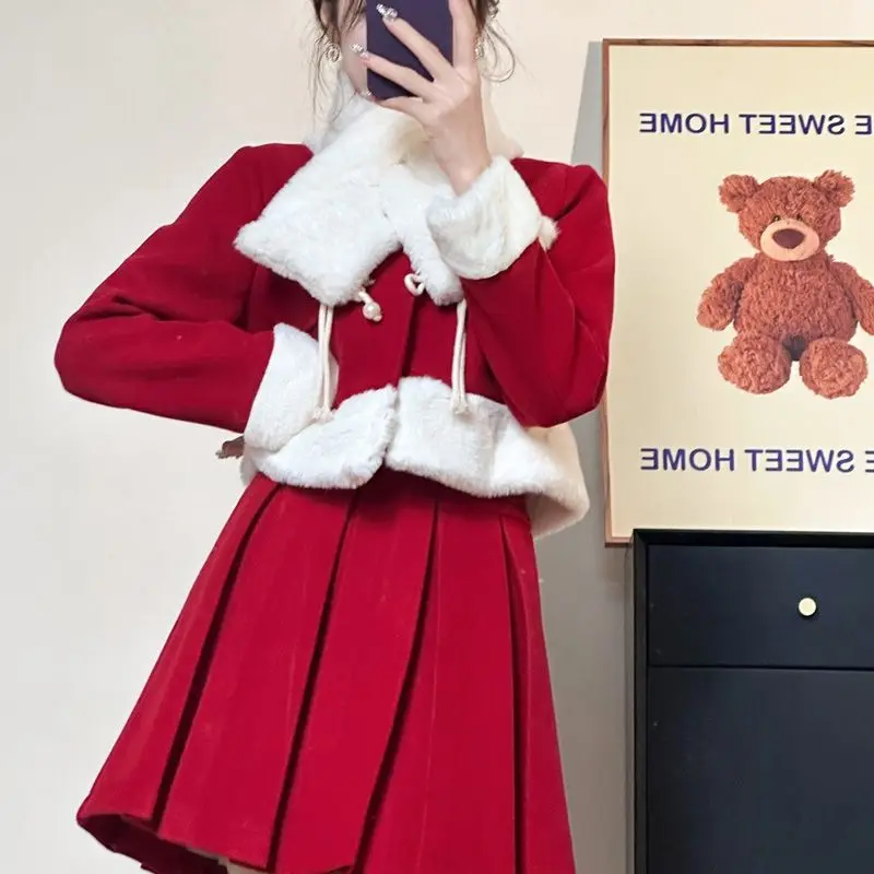 Merry Christmas Red Dress Suit For New Year  Women's Red Skirt Costume Dress, Plush And Thickened Coat Girls Christmas Red Suit