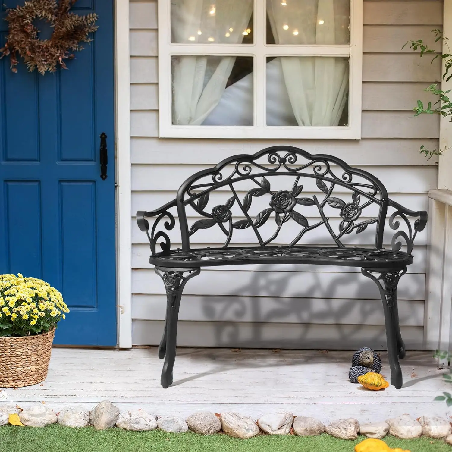Outdoor Metal Garden Bench, Cast Aluminum Park Chair, Front Porch Lawn Yard Seating, Weatherproof Anti Rust Heavy Duty Frame, Antique Floral Rose Pattern Style, Black, Single Pack