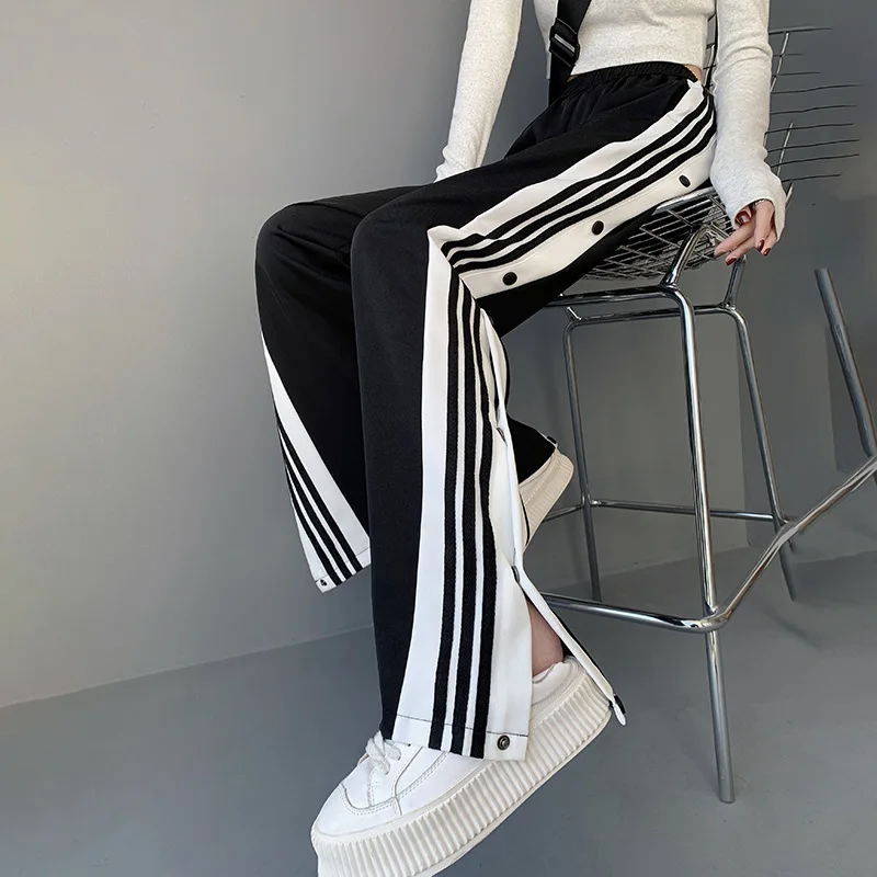 

Y2K Style Wide Leg Pants for Women, Straight Trousers, High Street Casual, Loose Side Button Sweatpants, Vintage Streetwear,2021