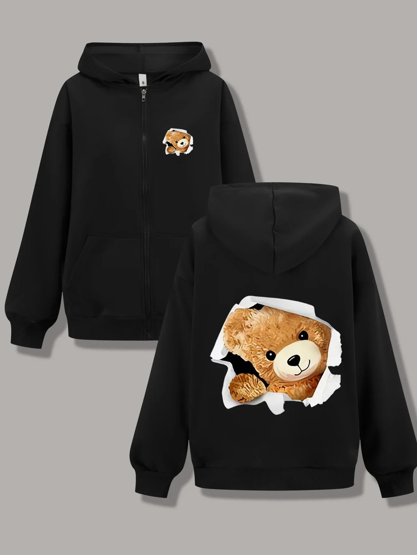 Men's and women's long sleeved loose zip hoodie, cute bear double-sided pattern print, warm and comfortable fabric