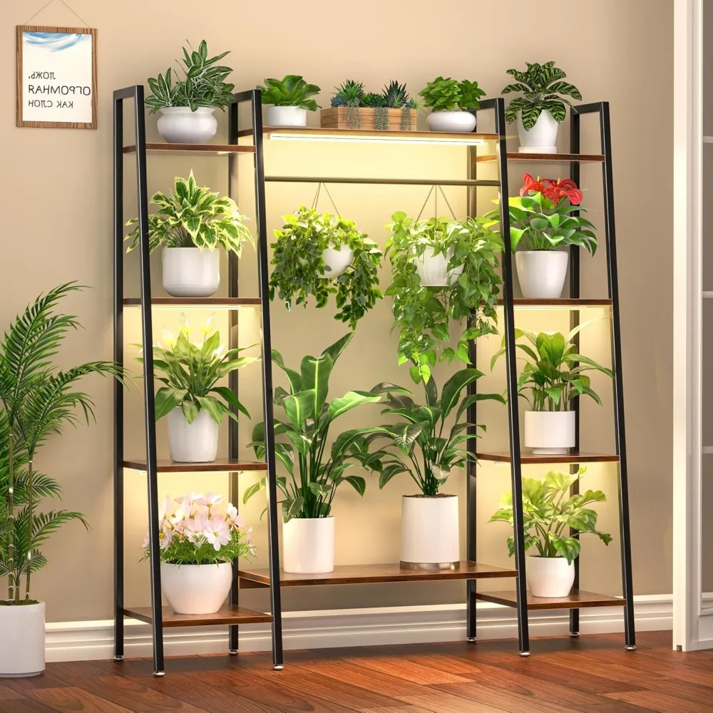 グローライト付き屋内植物スタンド、6階建て金属製植物スタンド、55インチ大型コーナーディスプレイスタンド、リビングルーム、パティオ