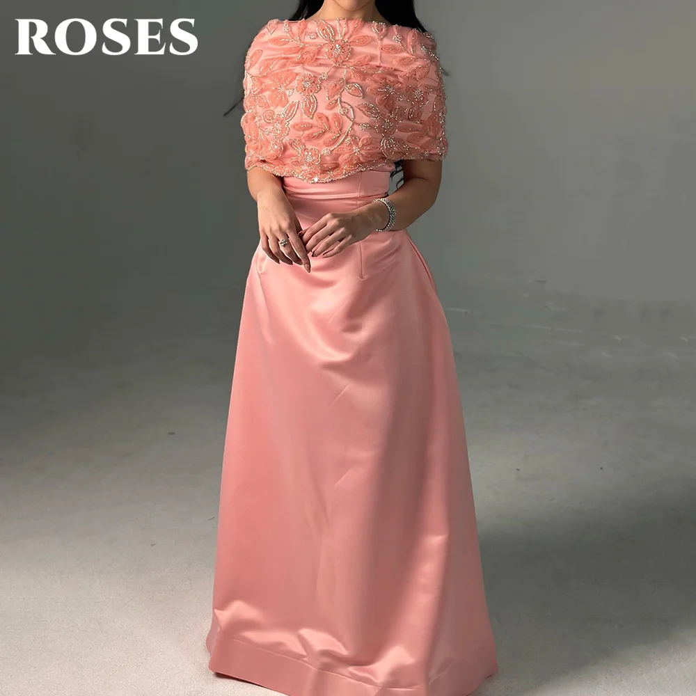 ROSES Pink Prom Dresses with Beaded Embroidered Shawl and Unique Back Knot Evening Dresses Chic High-Waisted Train Customized