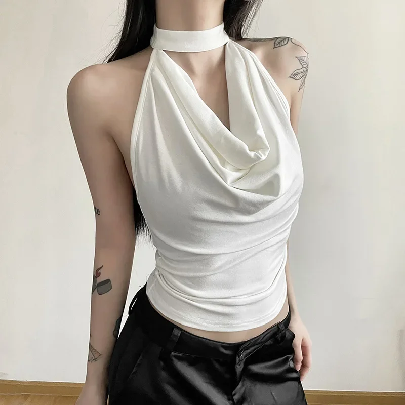 2025 New Casual Solid Color Simple Casual All-match Tanks Tees Sexy Beautiful High Street Summer Travel Women's Thin Halter Vest