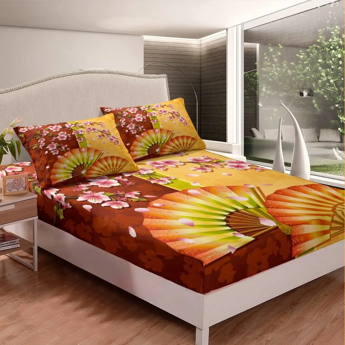 Folding Fan Flowers Japanese Style Fitted Sheet Cherry Blossom Bed Sheets Traditional Japanese Theme Sheets with 2 Pillowcases
