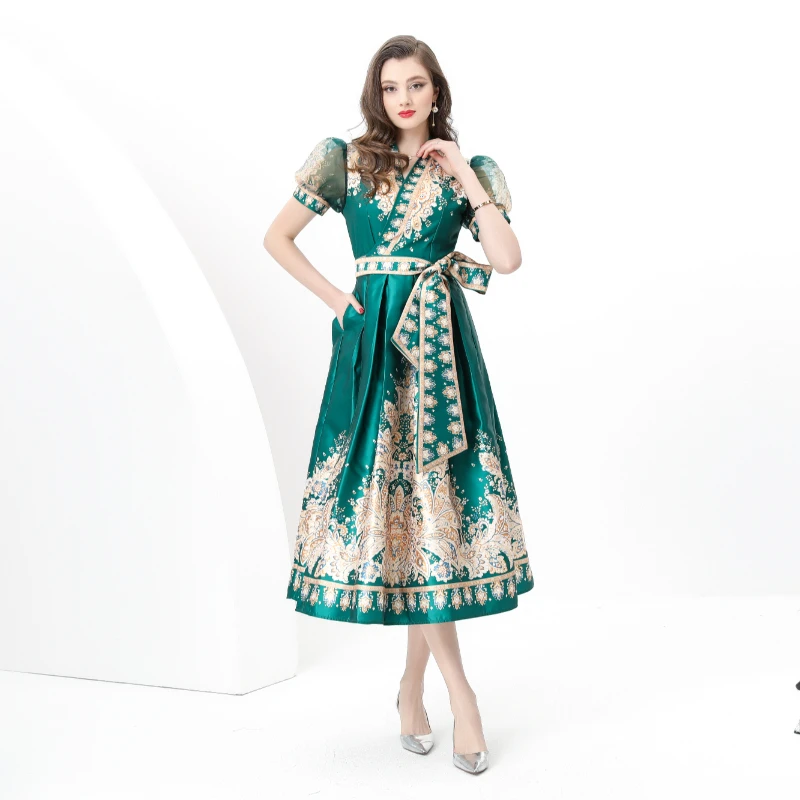 夏秋ヴィンテージ厚いサテン休暇ラップロングドレス女性の V ネックパフスリーブサッシュレースアッププリントドレス