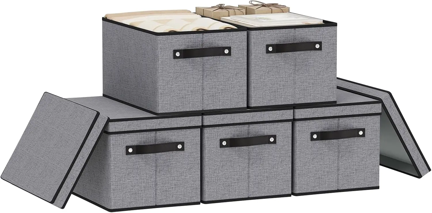 

Коробки для хранения с крышками, тканевые контейнеры 15x9.8x8.3 дюйма для гардероба, спальни, прачечной, серые, набор из 5 штук, органайзеры