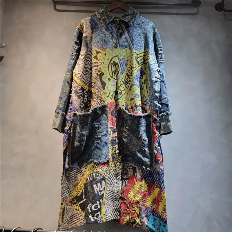WTHT Fashion Trendy Women's Irregular Print Knit Spliced Denim Long Coat 2025 Summer New Lapel Big Pockets Jacket Female 1LS2196
