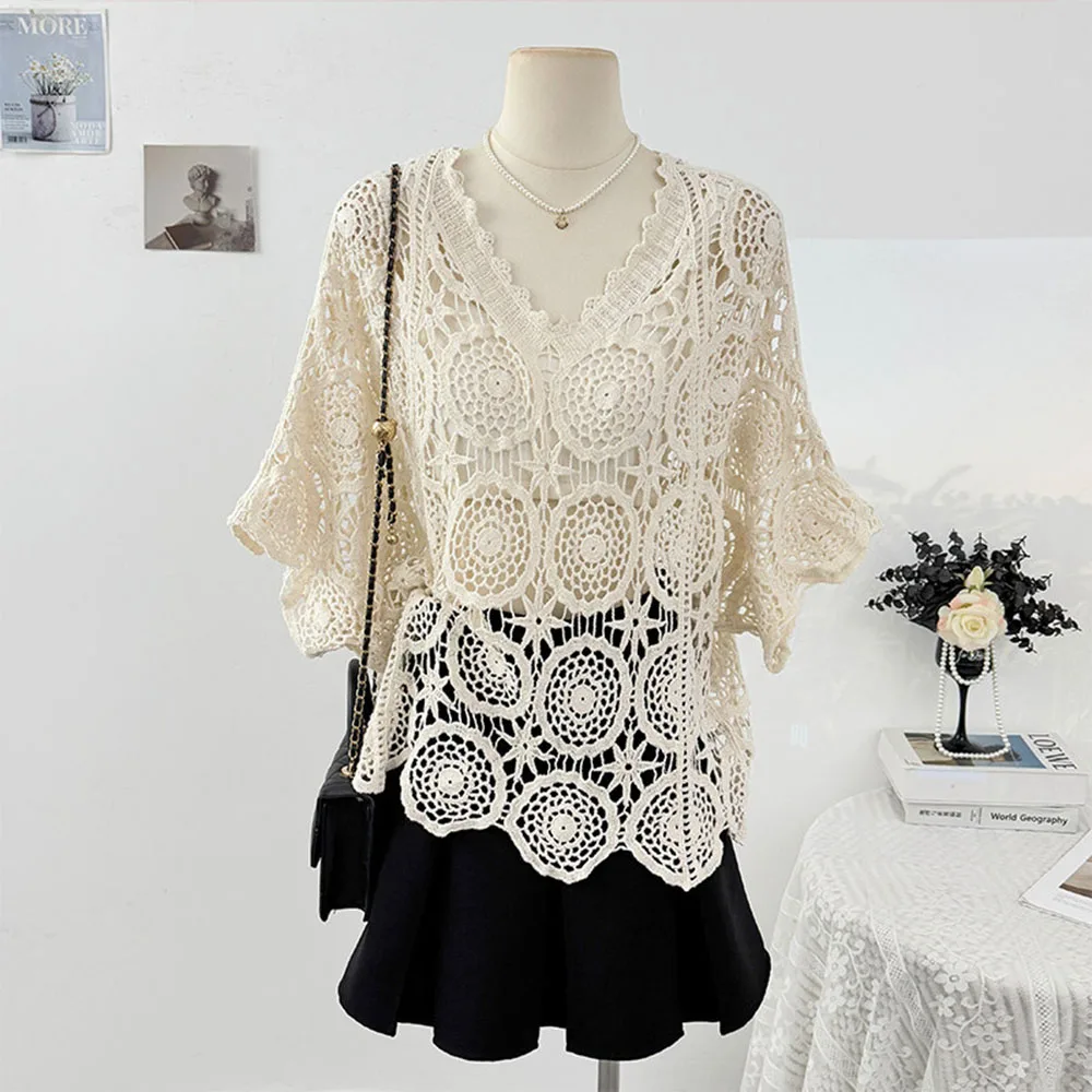 

Apricot Floral Pattern Sheer Design Pullover Niche Style Half Sleeve Top New Spring Summer Overshirt Womens Clothing Casual