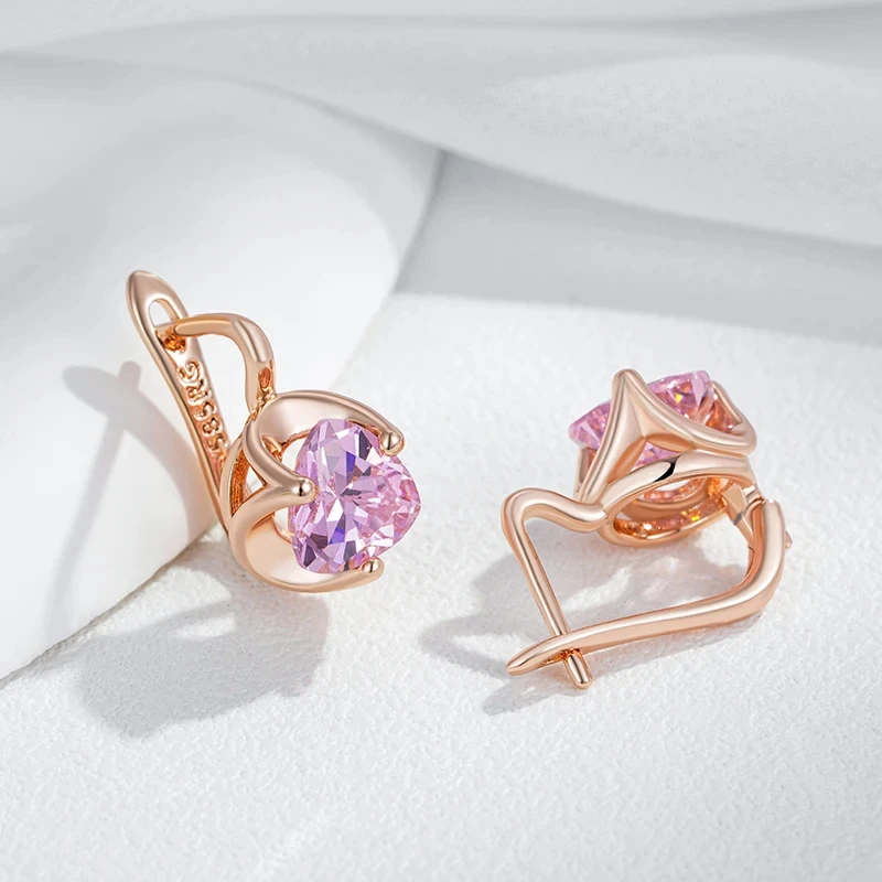 Wbmqda Geometric Pink Stone Small Earrings For Women 585 Rose Gold Color Wedding Party Shiny Jewelry Accessories