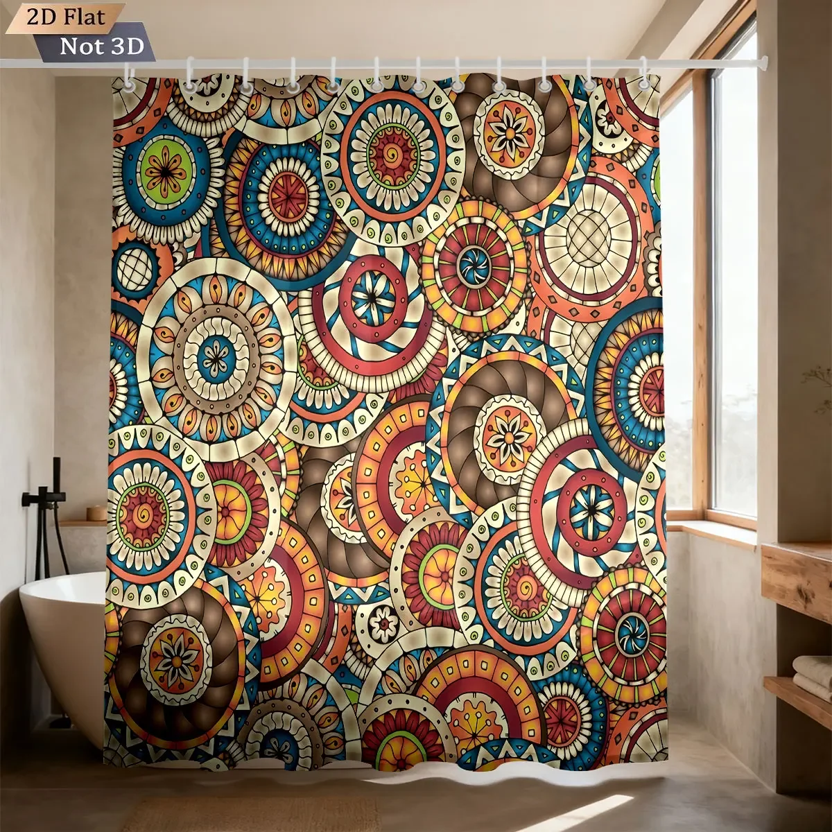 1pc Bohemian Color Retro Pattern Print Waterproof Privacy Partition Shower Curtain With 12 Hooks Multiple Sizes Machine Washable