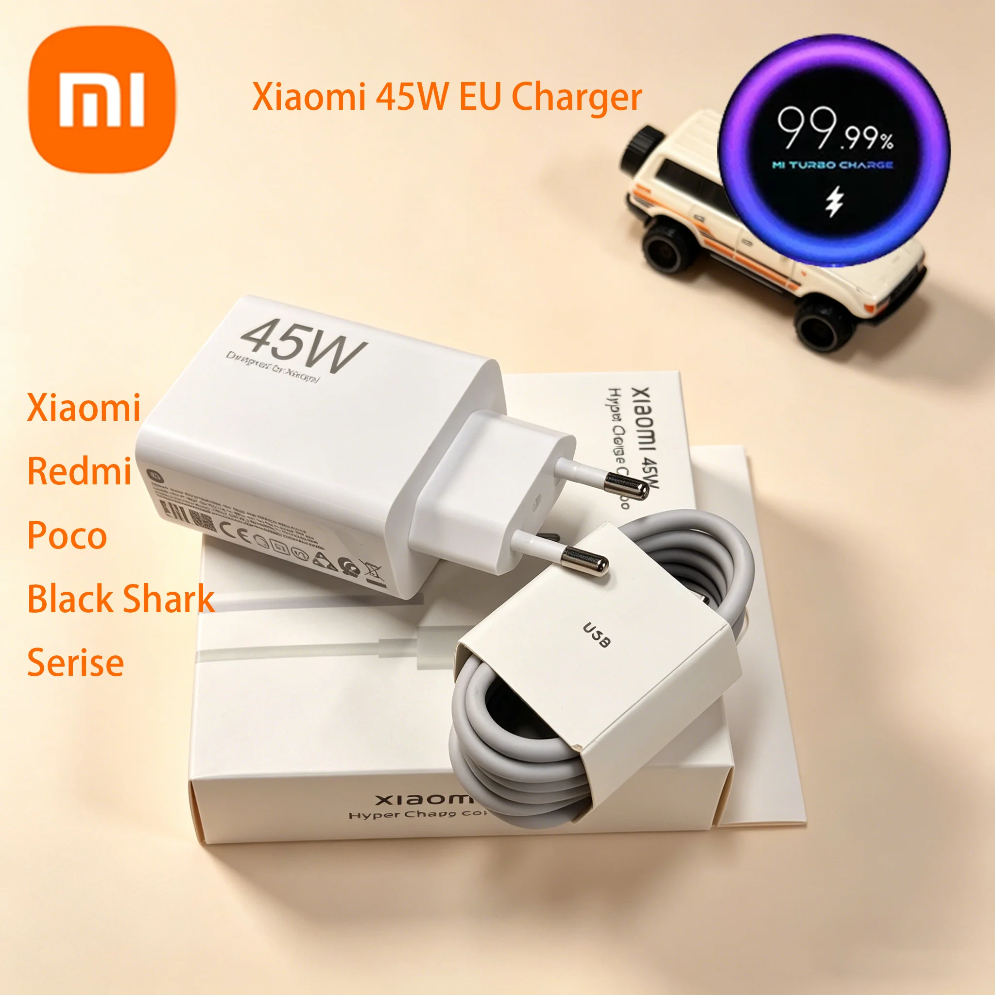 Carregador Original Xiaomi 45W EU Turbo Fast Charge com Adaptador e Cabo Tipo C 6A para Redmi Note 14 13 12T 11T Pro Mi 13T 12 10 9 Pad