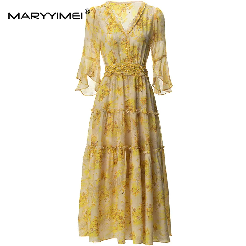 

MARYYIMEI Fashion Design Spring Summer women's V-Neck Butterfly sleeve Print Mushroom Edge Beading Bohemian Vacation Dresses