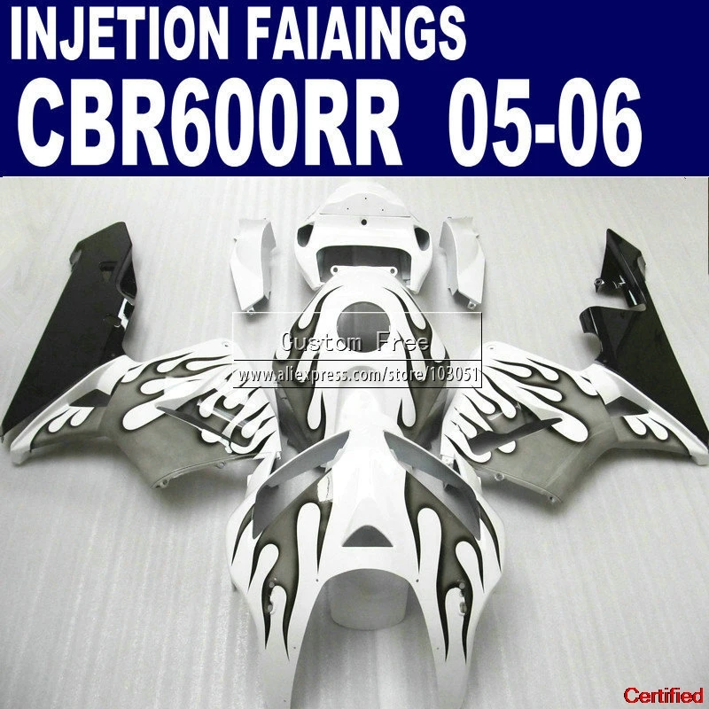 

Injection Motorcycle Fairings Set For Honda Black Flame In White CBR600RR Fairing CBR600RR 2005 2006 600RR 05 06 Bodykit