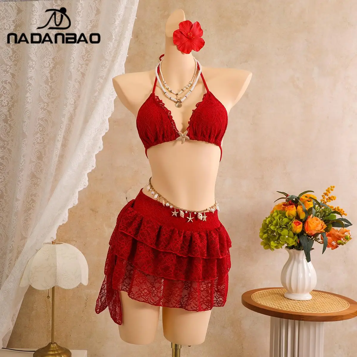 Nadanbao Red Lace Halter Three-Piece Bikini Set Summer Back Tie Swimwear Layered Ruffle Cover Up Skirt Beach Vacation Swimsuit
