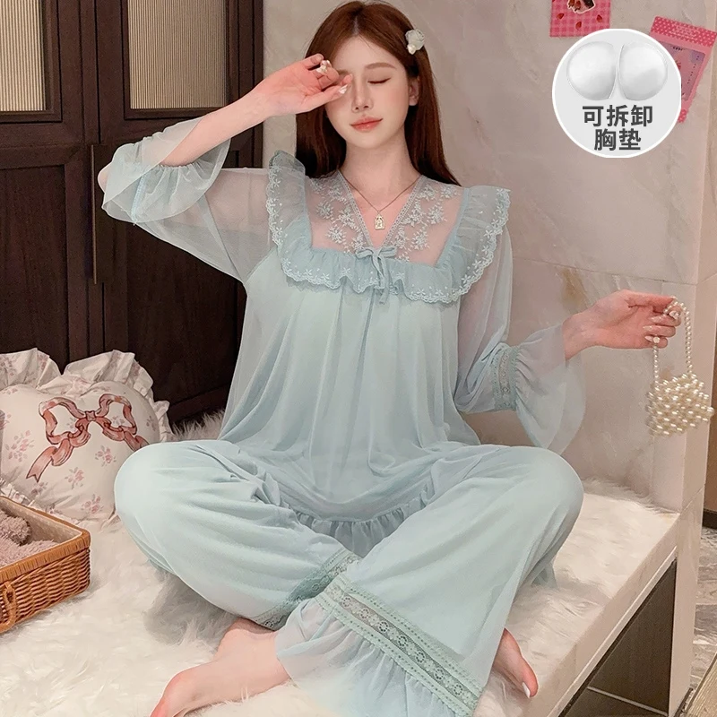 

2025 Autumn Long Sleeve Cute Lace Cotton Pajama Sets for Women Korean Sleepwear Pyjama Suit Homewear Pijama Mujer Home Clothes