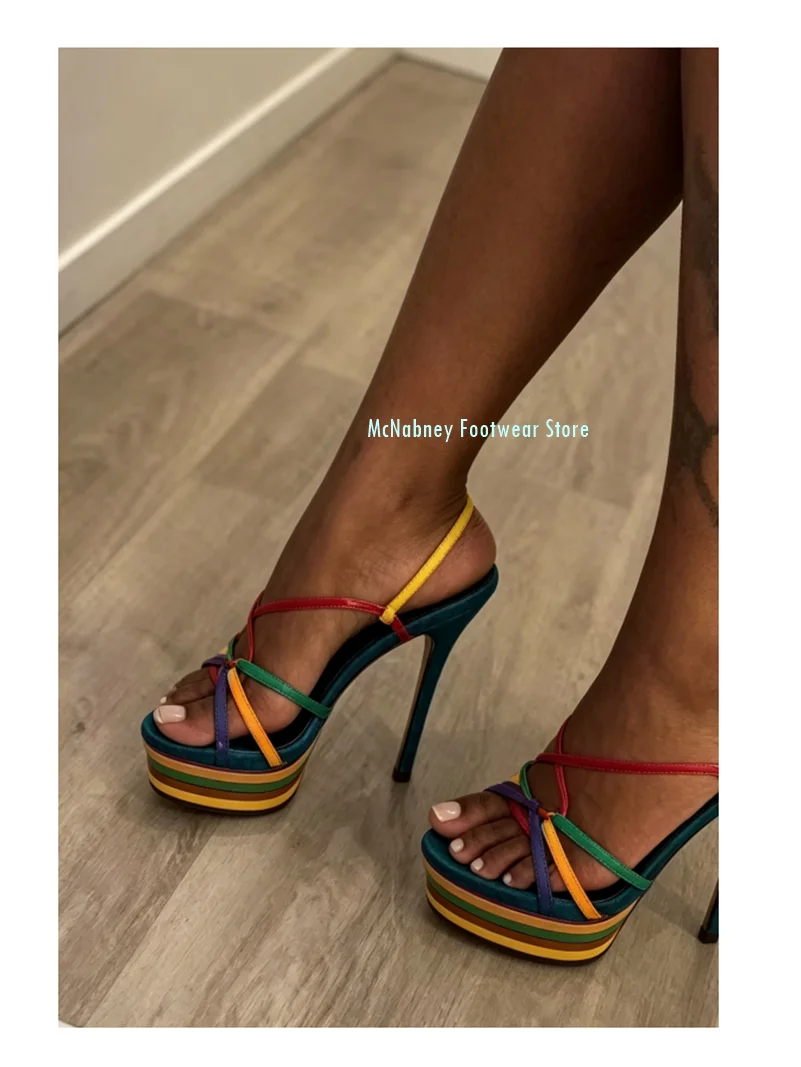 Sexy Pointed Open Toes Waterproof Platform Stilettos Sandals Rainbow Colors Thin Strap Combination Women's Banquet Shoes