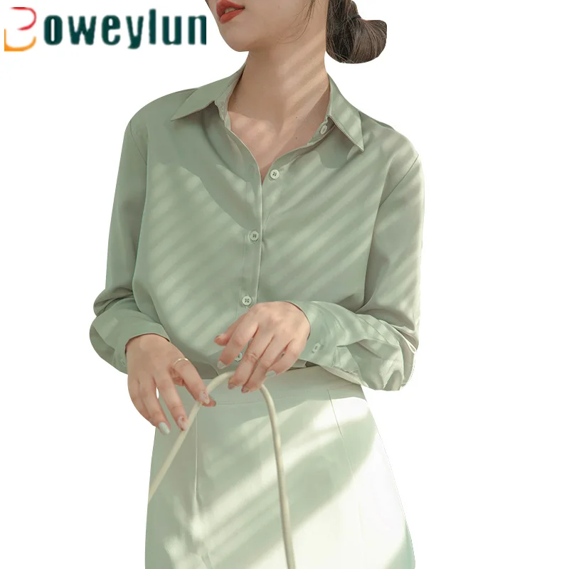 

Boweylun New Fashion High-end Satin Long-sleeved Shirt Female Solid Color Career Wear Commuter Blouse Tops