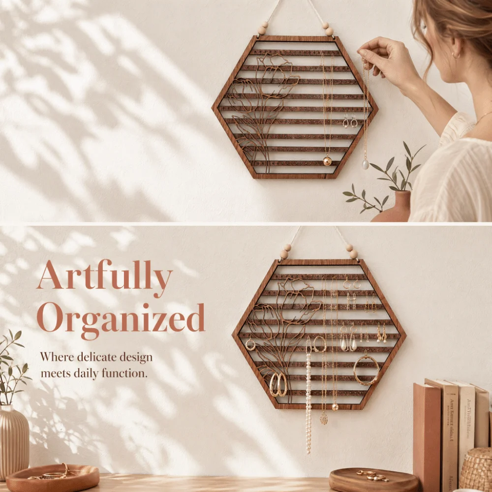 Hexagon Wood Jewelry Rack 11.81 in Hollow Carving Necklace Hanging Organizer Beaded Hanging Rope Strip Hanging Slots
