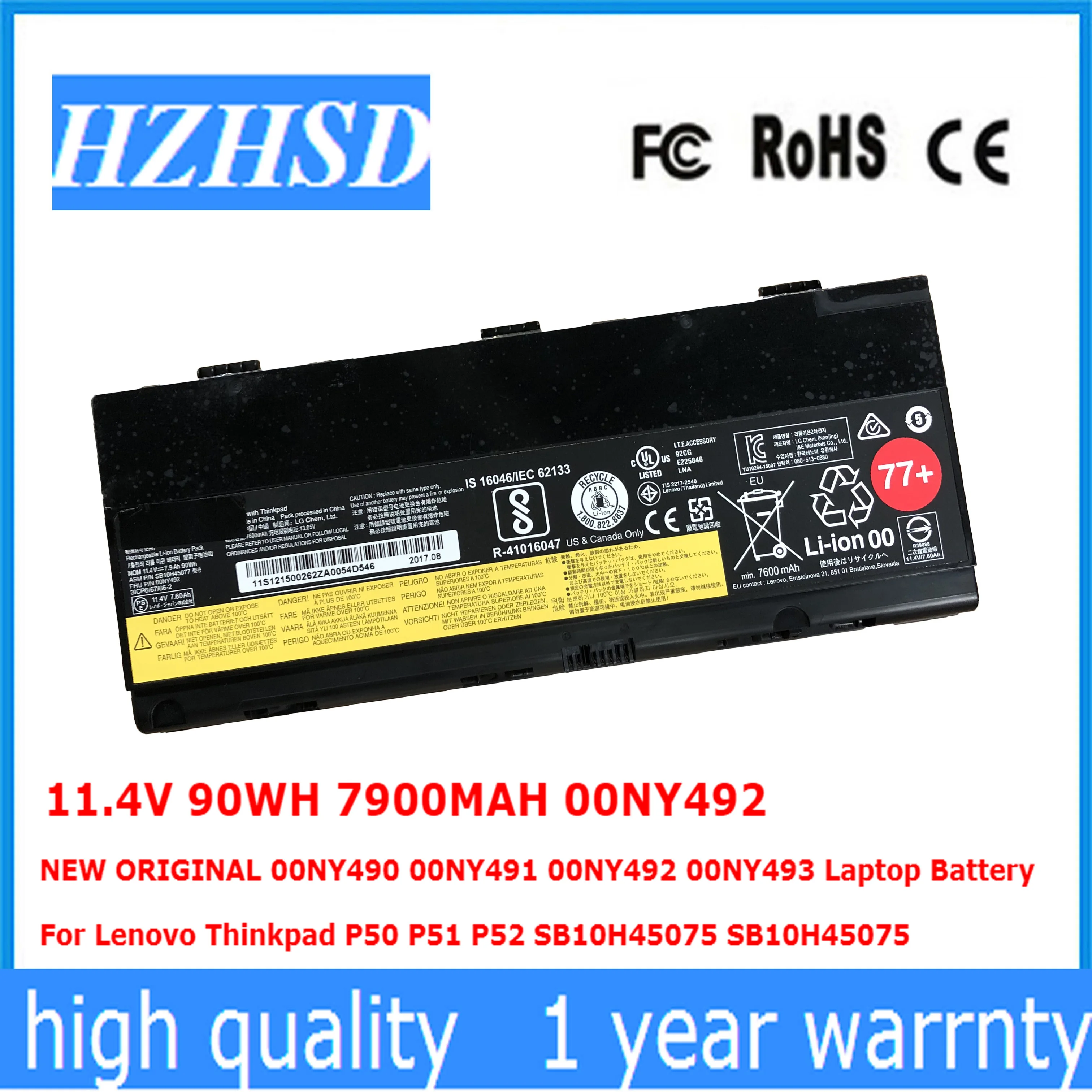 

11.4V 90WH 00NY492 ORIGINAL 00NY490 00NY491 493 Laptop Battery For Lenovo P50 P51 P52 SB10H45075 01AV477 01AV495 AV496 L17L6P51