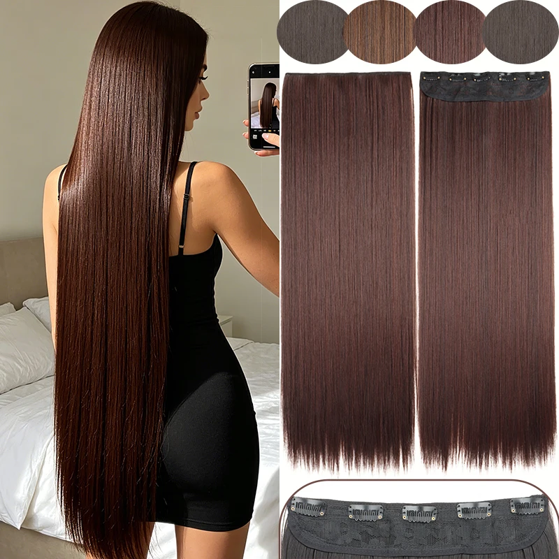 5 Clips Extra Long Straight Clip In Synthetic Hair Extensions, Soft Smooth Tangle Free Hair Pieces for Women Daily Wear