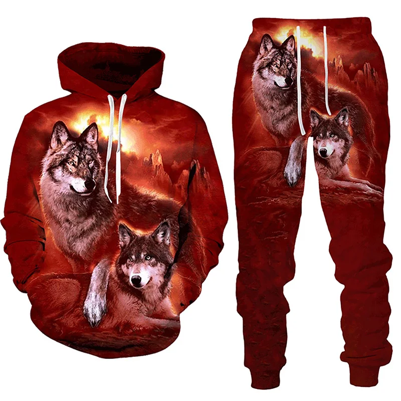 Ensemble de survêtement imprimé loup de forêt pour hommes, sweat à capuche 3D, sweat-shirts décontractés, pantalons de survêtement, vêtements de