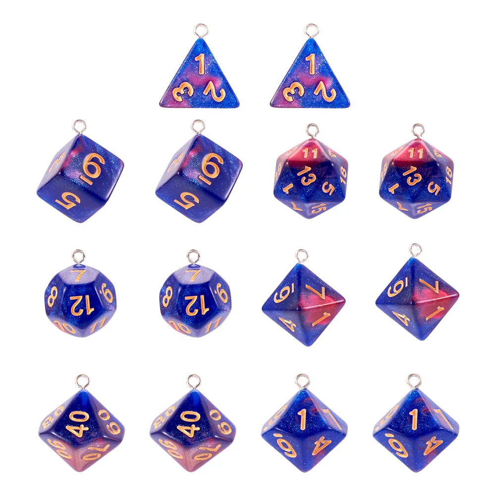 14Pcs Resin Polyhedral Dice Pendants Set Multi-Sided Dice Charms with Iron Loop for Jewelry Making DIY Necklace Keychain Earring